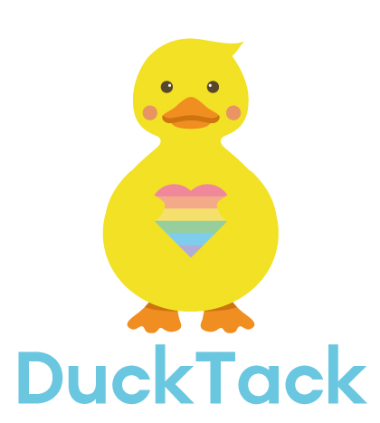 正面を向いたアヒルがLGBTQ+の象徴カラーである虹色のハートを抱いているイラスト