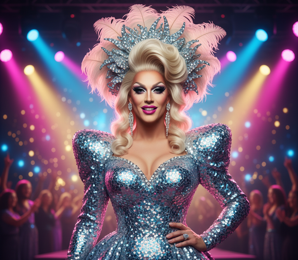 ドラッグクイーンがステージで拍手されている